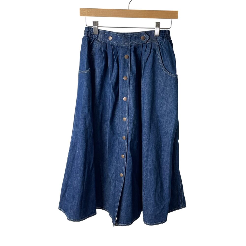 Sasson Jeans Vintage-Inspired Button Front Midi Denim Skirt in Dark Blue